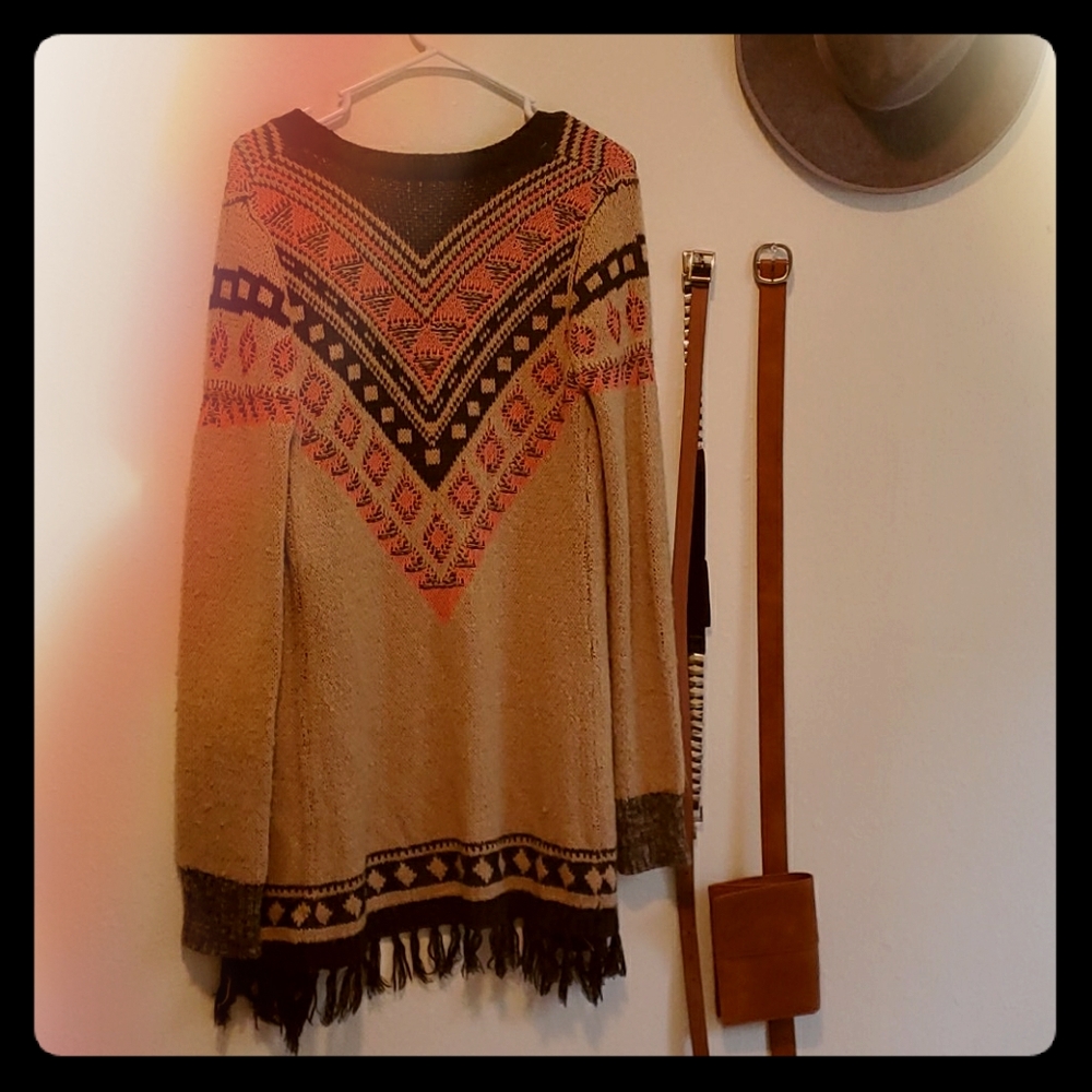 Tan long cardigan with black tassles, coral detail